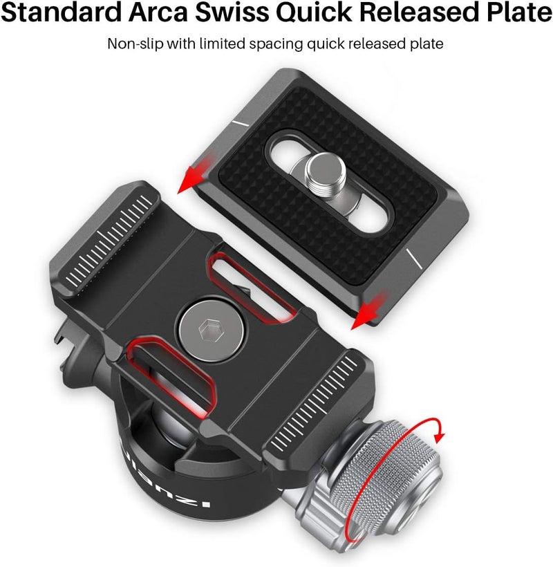 PICTRON تركيب كاميرا معدني ULANZI U-80L برأس كروي Arca Swiss دوار 360 مع لوحة إطلاق سريعة وحذاء بارد، سعة تحميل 22lbs/10kg لثلاثي القوائم 1/4"، أحادي القوائم، DSLR - Image 2